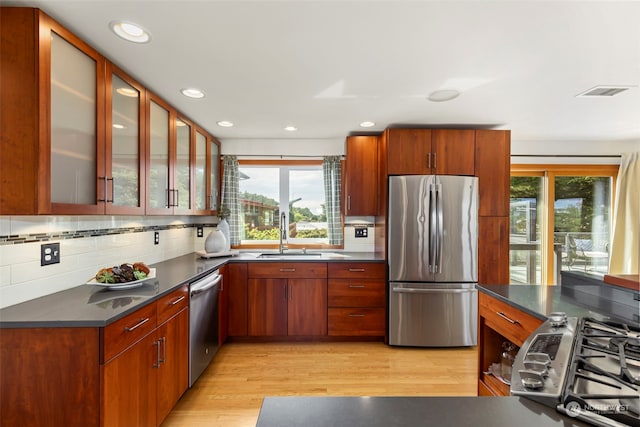 kitchen featuring light hardwood / wood-style floors, stainless steel appliances, sink, and a wealth of natural light