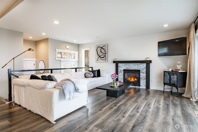 living room featuring hardwood / wood-style flooring and a fireplace