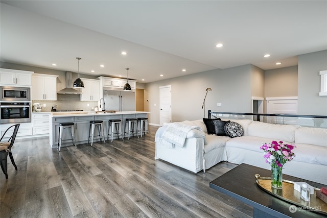 living room featuring sink and dark wood-type flooring