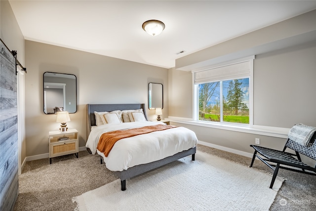 bedroom with a barn door and carpet floors