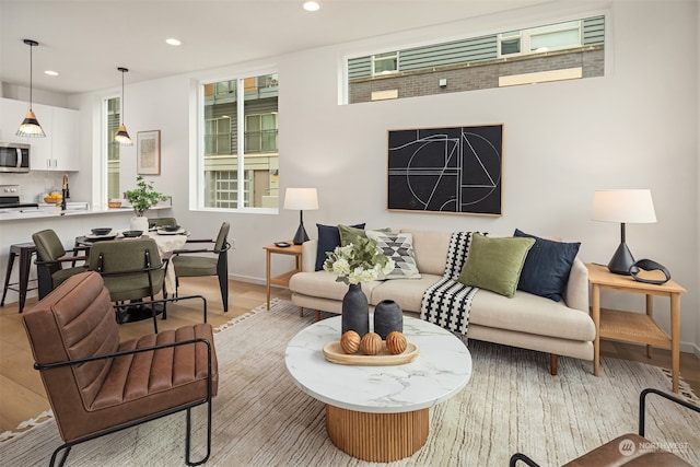 living room with light hardwood / wood-style flooring