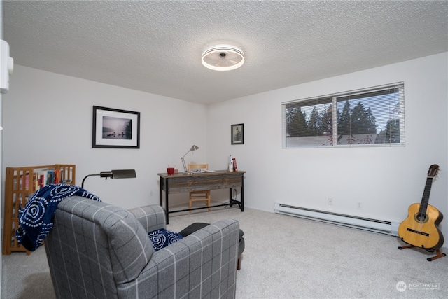 living room with a textured ceiling, light colored carpet, and baseboard heating