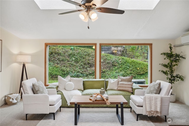 living room featuring light carpet and ceiling fan