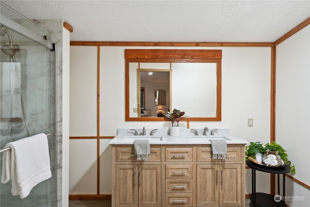 bathroom with vanity, a textured ceiling, and a shower with door