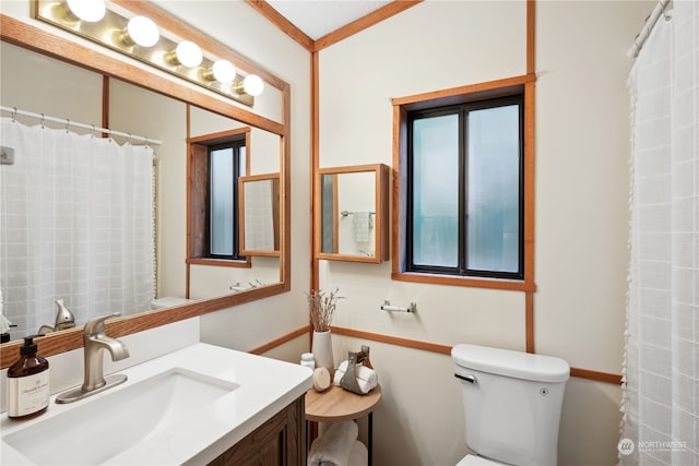 bathroom with vanity, toilet, ornamental molding, and walk in shower