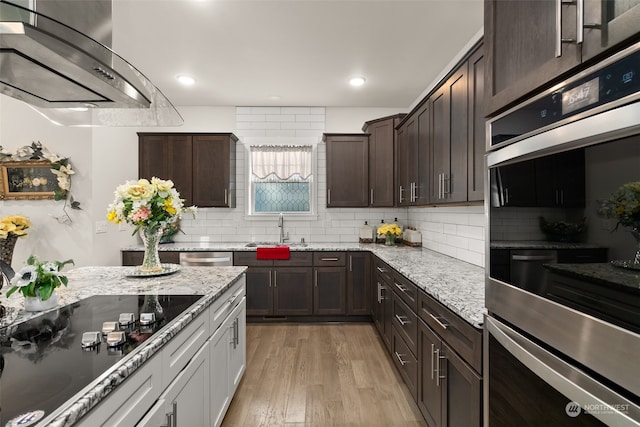 kitchen with sink, tasteful backsplash, light wood-type flooring, appliances with stainless steel finishes, and range hood