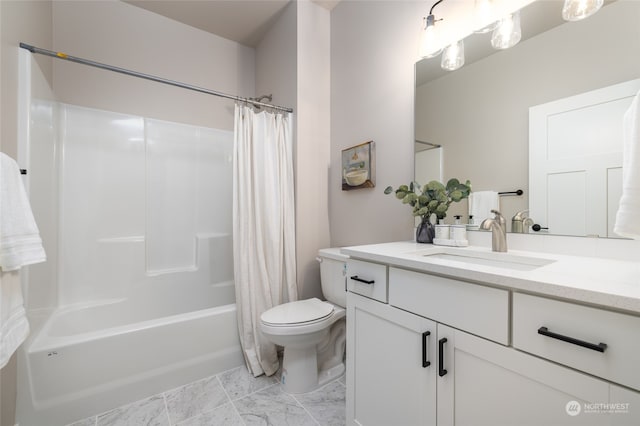 full bathroom featuring vanity, shower / bathtub combination with curtain, and toilet