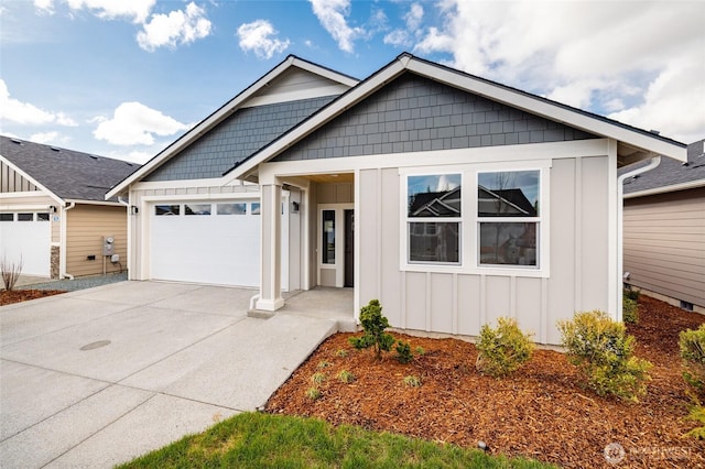 ranch-style home with driveway, an attached garage, and board and batten siding