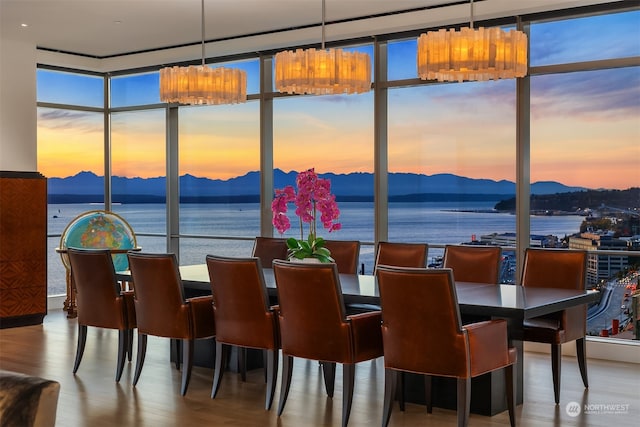 dining room with plenty of natural light, a water and mountain view, and wood-type flooring