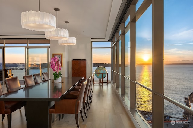 dining room featuring hardwood / wood-style floors and a water view