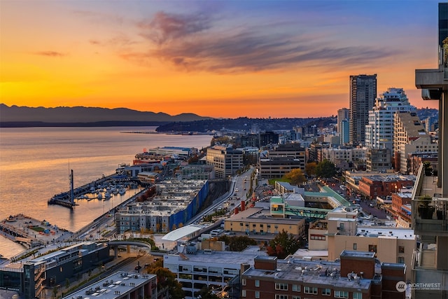 property's view of city featuring a water and mountain view