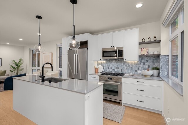 kitchen featuring hanging light fixtures, a center island with sink, light wood-type flooring, sink, and stainless steel appliances