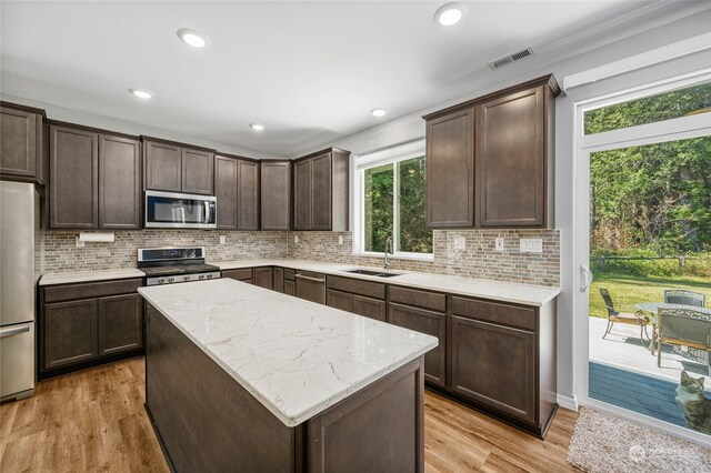 kitchen featuring light wood-type flooring, stainless steel appliances, and plenty of natural light