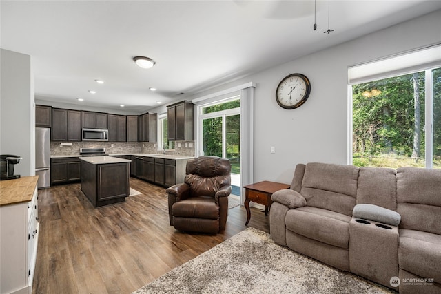 living room featuring dark wood-type flooring and sink