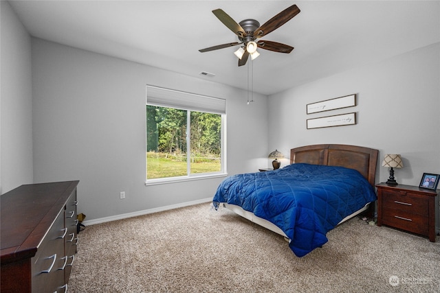 bedroom featuring ceiling fan and carpet floors