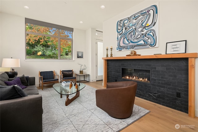 living room featuring light hardwood / wood-style flooring and a fireplace
