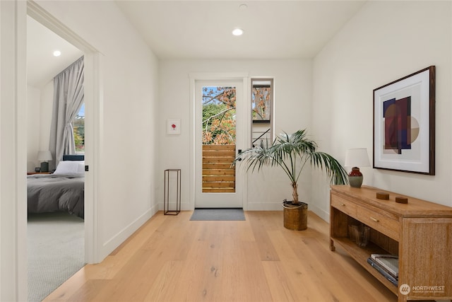 foyer entrance with light hardwood / wood-style floors