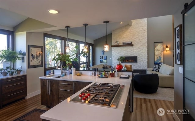 kitchen with vaulted ceiling, stainless steel gas cooktop, a healthy amount of sunlight, and a center island with sink