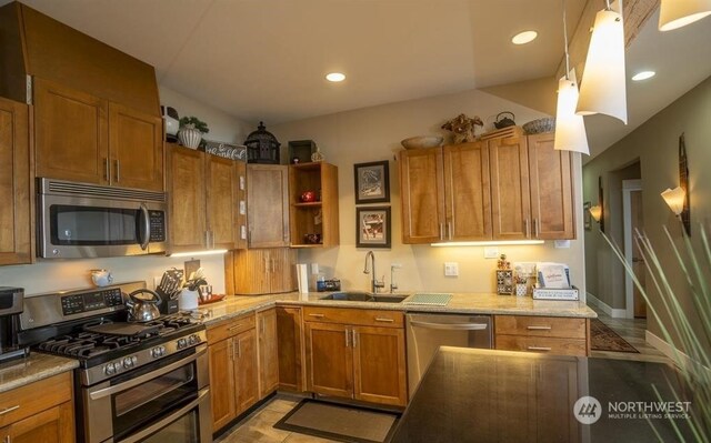 96 Forrest Rd, Sequim, WA 98382 - kitchen with appliances with stainless steel finishes, a sink, open shelves, brown cabinetry, and recessed lighting