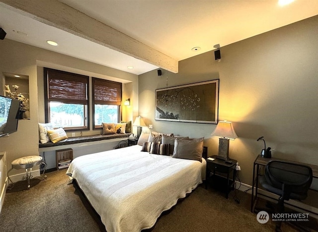 bedroom featuring beamed ceiling and dark colored carpet