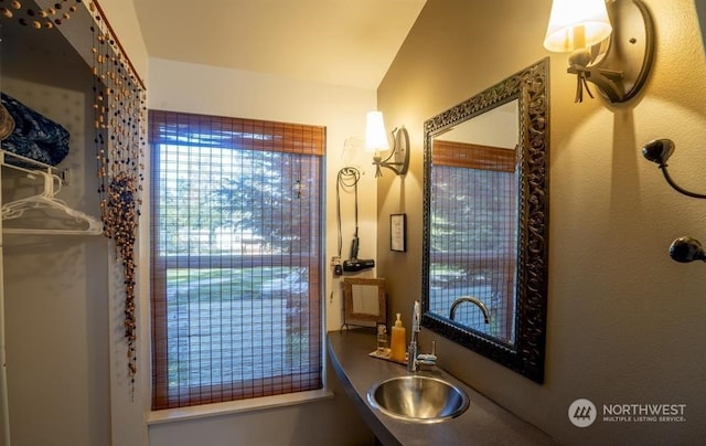 96 Forrest Rd, Sequim, WA 98382 - bathroom with a sink and lofted ceiling