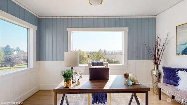 office area with plenty of natural light and light hardwood / wood-style flooring