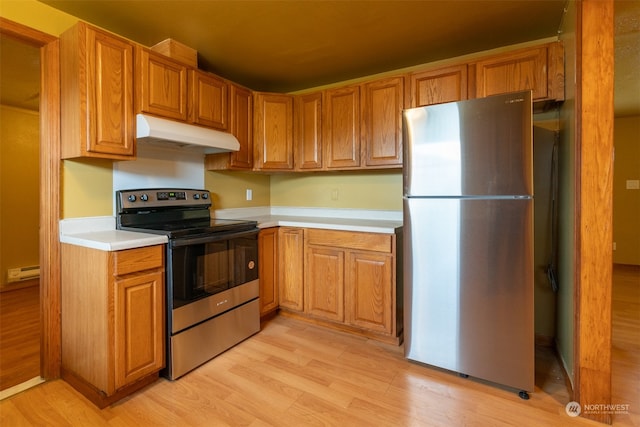 kitchen featuring light hardwood / wood-style floors, a baseboard heating unit, and stainless steel appliances