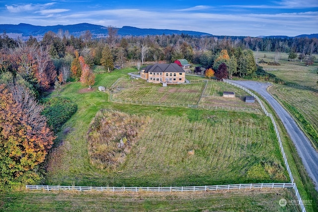 birds eye view of property featuring a mountain view and a rural view