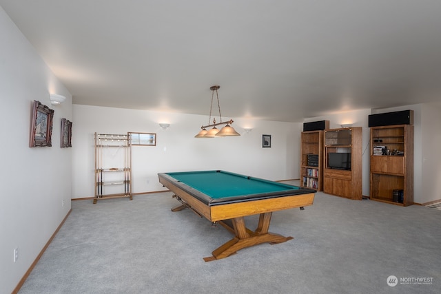 recreation room with light carpet and billiards