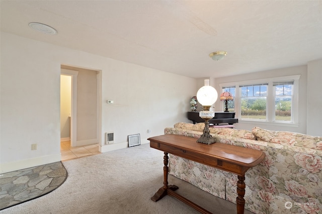 living room featuring light colored carpet