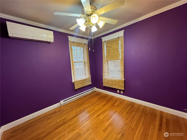 unfurnished room featuring ceiling fan, ornamental molding, wood-type flooring, baseboard heating, and a wall mounted air conditioner