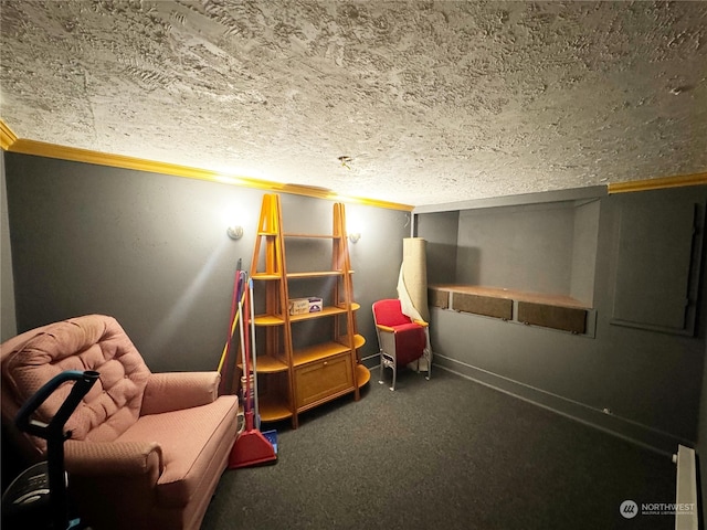 unfurnished room featuring ornamental molding, carpet floors, and a textured ceiling