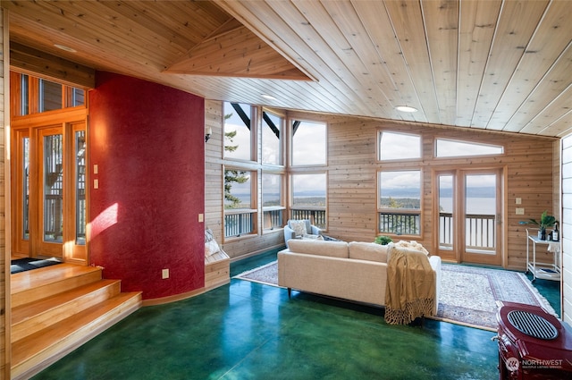 living room featuring high vaulted ceiling, wooden ceiling, and plenty of natural light