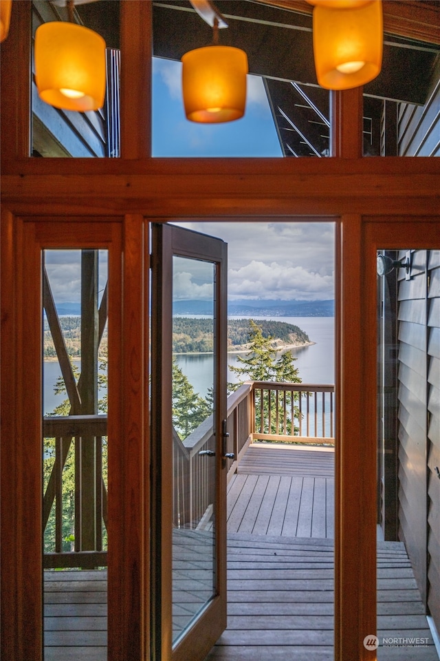 entryway featuring a water view, hardwood / wood-style flooring, and a healthy amount of sunlight