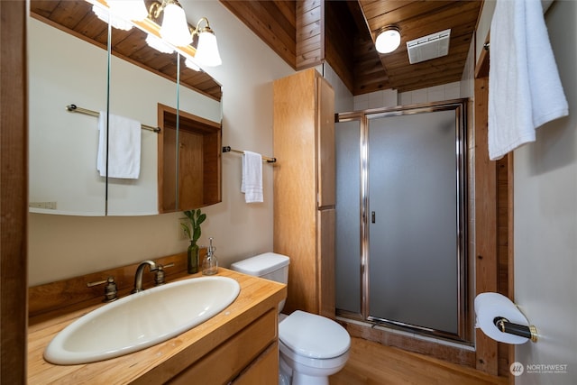 bathroom with vanity, toilet, wooden ceiling, and walk in shower