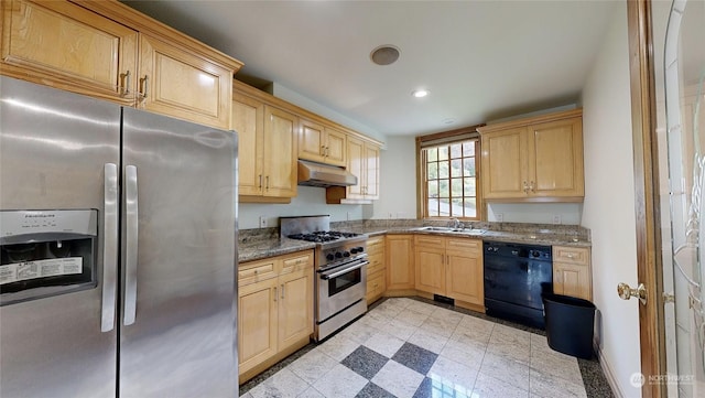 6529 161st Pl SE, Bellevue, WA 98006 - kitchen with stainless steel appliances, under cabinet range hood, a sink, light brown cabinetry, and recessed lighting