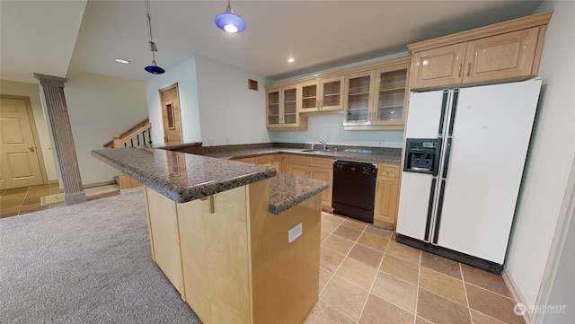 kitchen featuring black dishwasher, white fridge with ice dispenser, kitchen peninsula, pendant lighting, and a breakfast bar