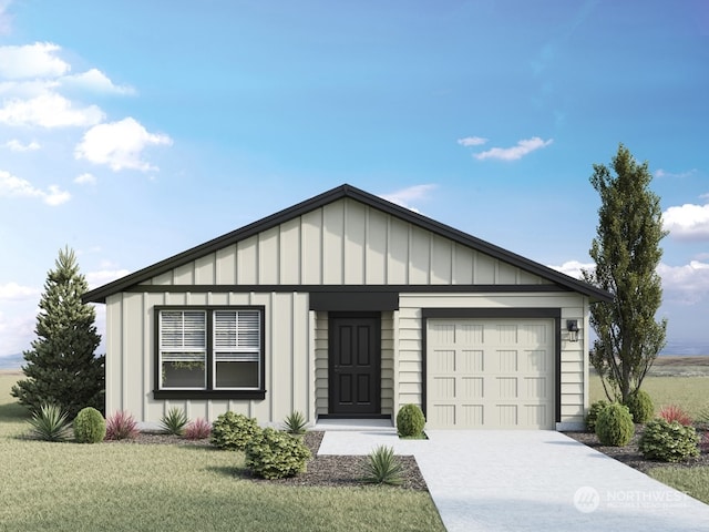 ranch-style house featuring a garage and a front lawn