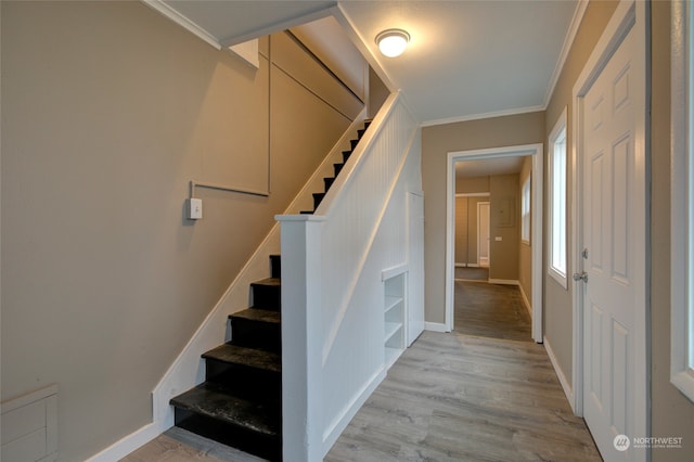 stairway featuring wood-type flooring and crown molding