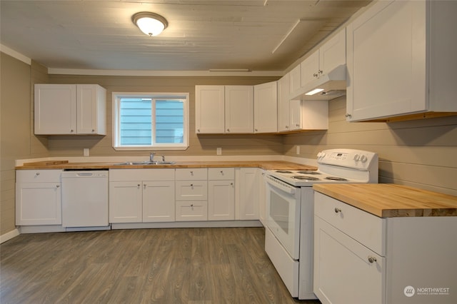 kitchen featuring white cabinets, wooden counters, and white appliances