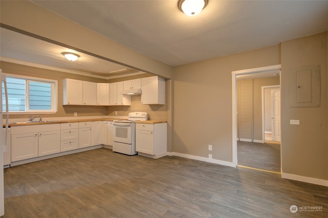 kitchen featuring electric stove, white cabinets, and dark hardwood / wood-style floors