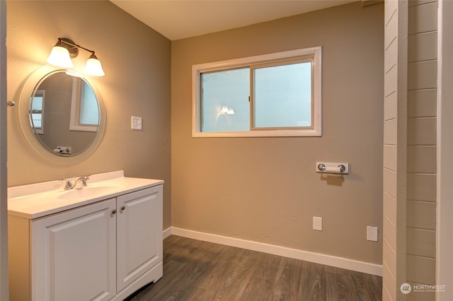 bathroom with hardwood / wood-style floors and vanity