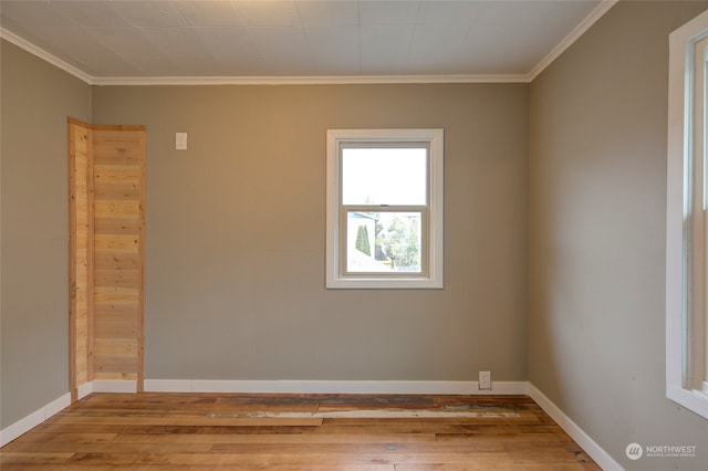 unfurnished room featuring light wood-type flooring and crown molding