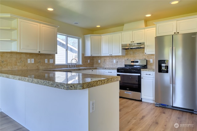 kitchen featuring white cabinetry, appliances with stainless steel finishes, and kitchen peninsula