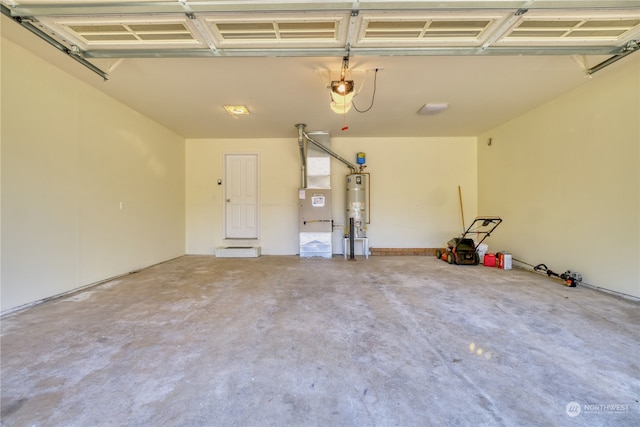 garage with a garage door opener, heating unit, and strapped water heater