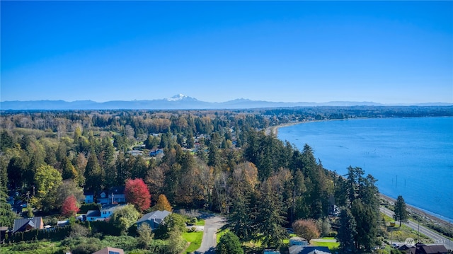 birds eye view of property with a water and mountain view