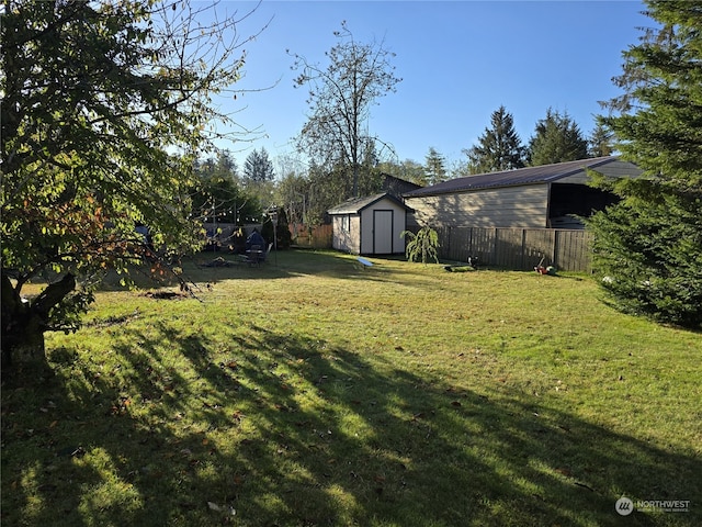 view of yard featuring a storage shed