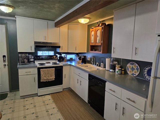 61 Salt Air St, Clallam Bay, WA 98326 - kitchen with electric range oven, under cabinet range hood, black dishwasher, a sink, and light floors