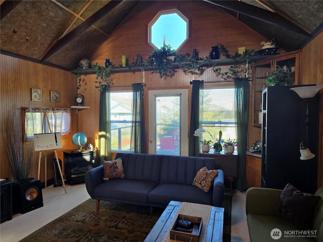 61 Salt Air St, Clallam Bay, WA 98326 - living room with wood walls, beamed ceiling, and high vaulted ceiling