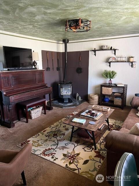 61 Salt Air St, Clallam Bay, WA 98326 - living area with carpet and a wood stove